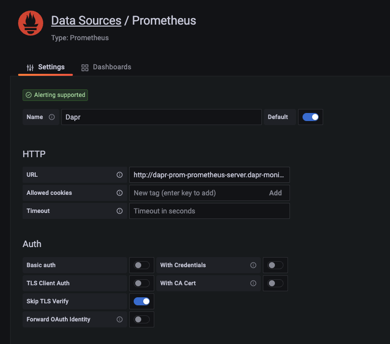 Screenshot of the Prometheus Data Source configuration