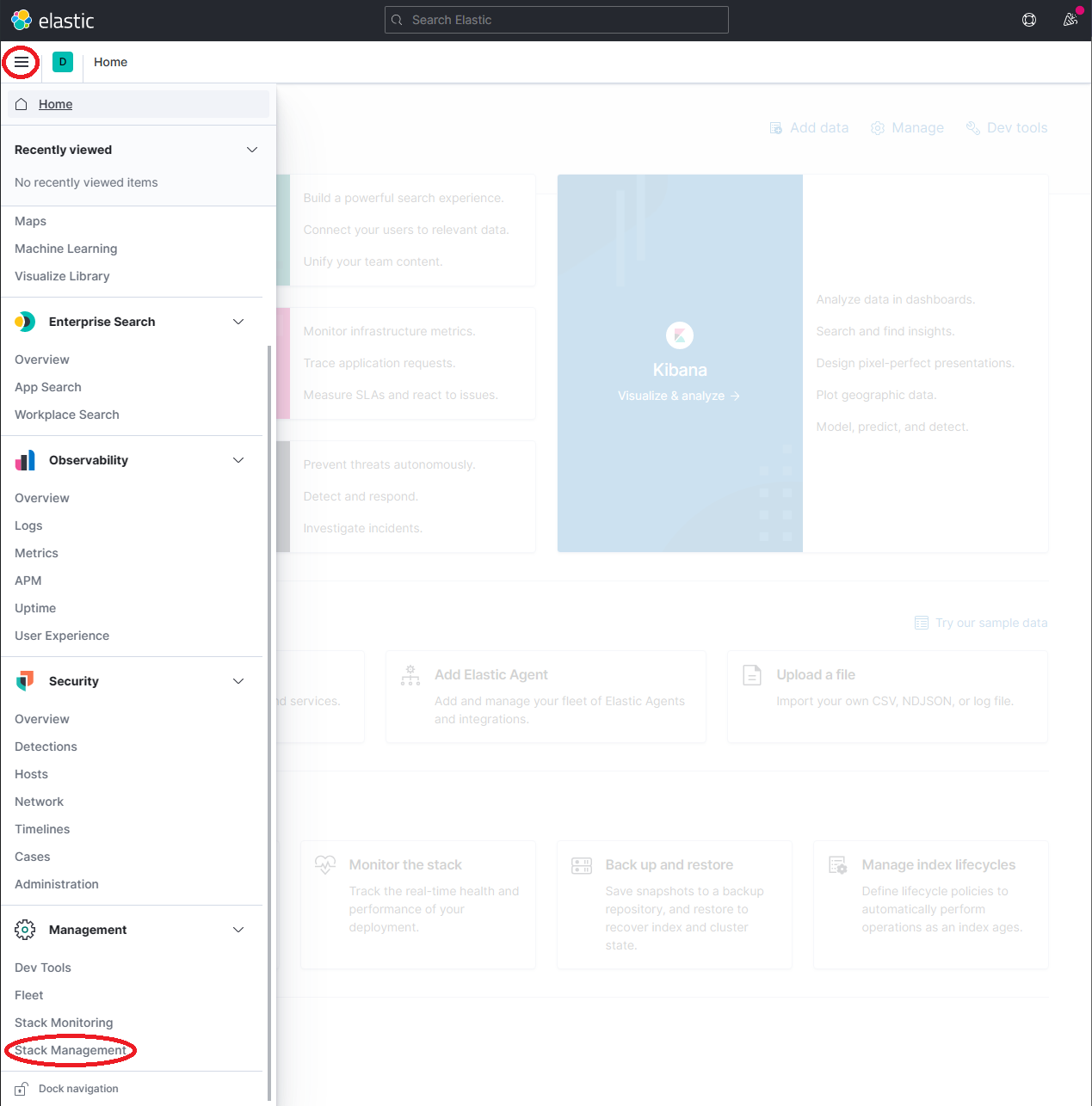 Stack Management item under Kibana Management menu options