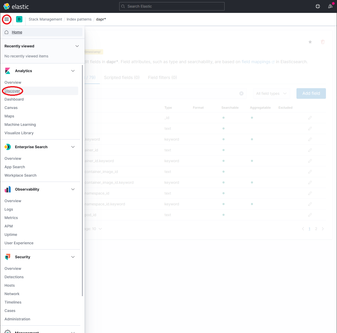 Discover item under Kibana Analytics menu options